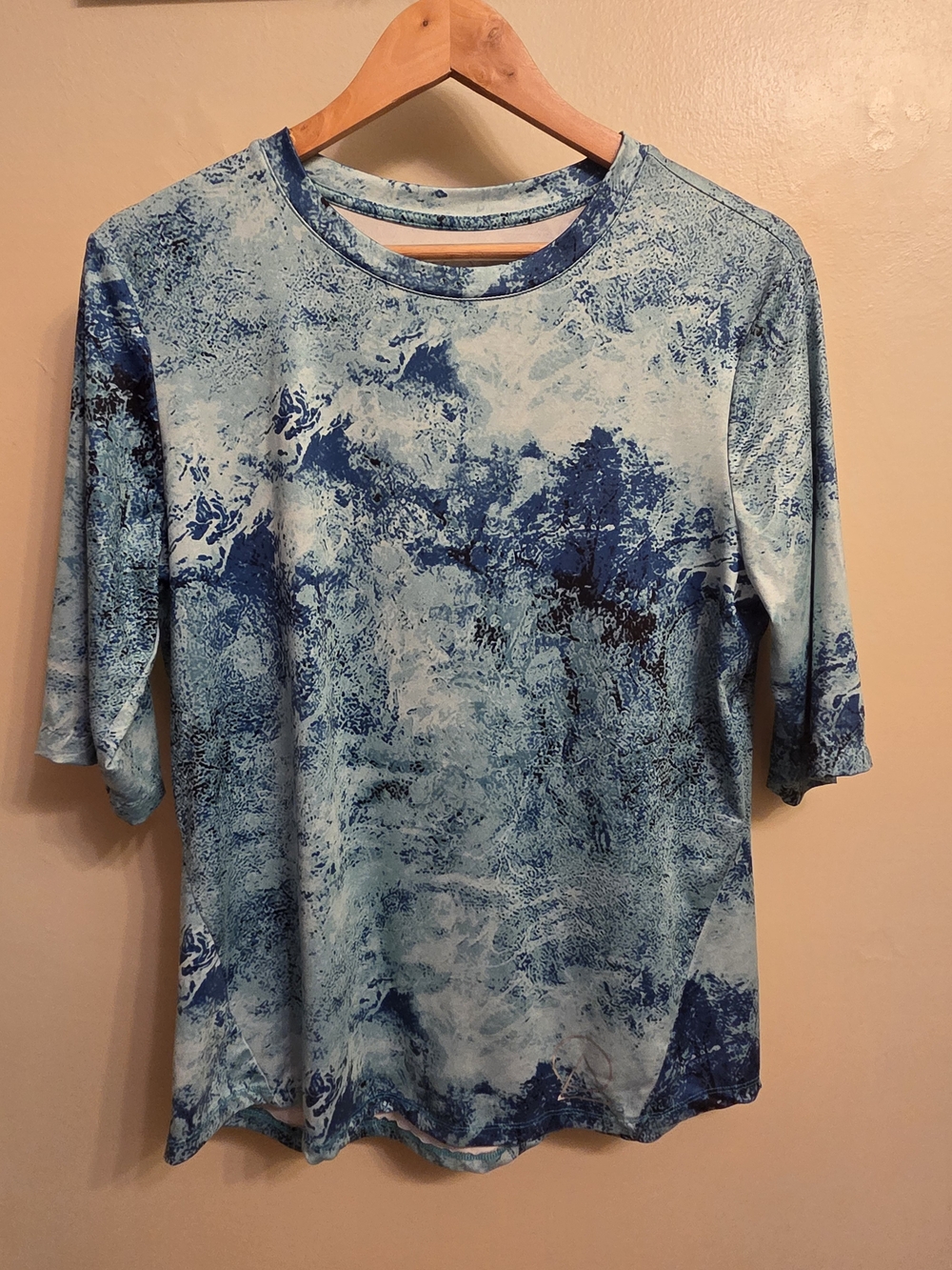 Enlighten Womens Large Running Gym Shirt Blue Tie Dye Spandex Stretch Yoga Tee